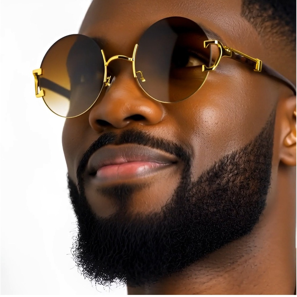 Rimless Sunglasses Round Clear Lens Gold‎ Accents Wood Arms Men's Fashion Trendy